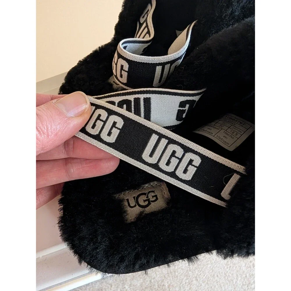Ugg Toddler Girl's Fluff Yeah Sheepskin Slingbacks Clogs Slides Sandals Black 12
